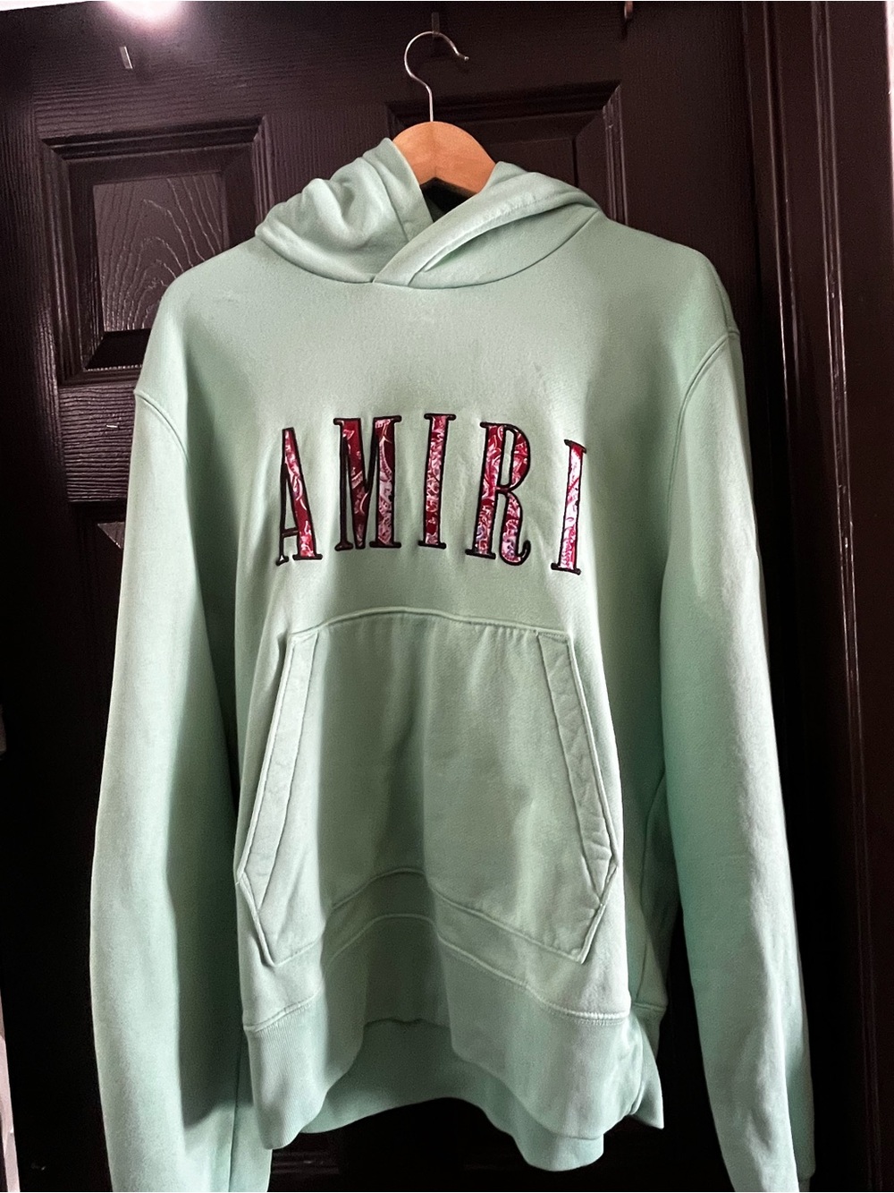 AMIRI Mint Green Hoodie with Pink Patterned Logo